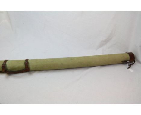 Vintage Rigid Canvas &amp; Leather Fishing rod Tube type case approx 154cm long