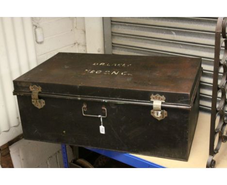 Vintage Black Metal Travelling Trunk, the Oriental Brass Locks with Hammer &amp; Sickle Style Emblem, 89cms wide