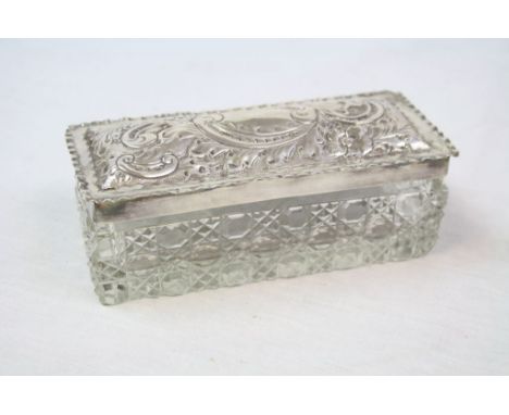 Oblong Hobnail cut glass trinket box with Hallmarked Silver lid, Birmingham 1904, measures approx 12.5 x 5 x 5cm