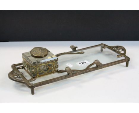 Vintage German Gothic theme Cut glass &amp; Brass Ink stand with single Inkwell depicting Devil type Heads with Rams Horns to