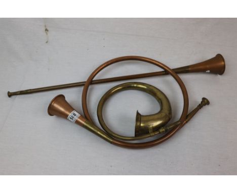 Vintage French hunting horn, a car horn and one other