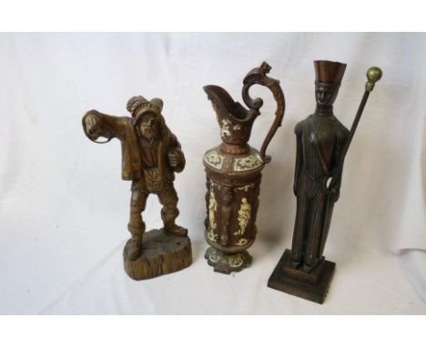 Large ceramic Ewer, carved Wooden figure etc
