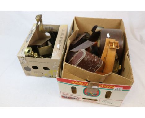 Two boxes of mixed collectables to include Car badges, Clocks, Inkwell etc