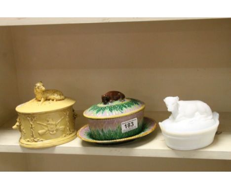 Three vintage covered Butter dishes to include Majolica with drip tray approx 8cm across &amp; a white Glass example
