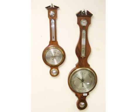Large vintage Wooden cased Barometer with stringing, with silvered dial and Thermometer above, maker marked "L Belatti Warran