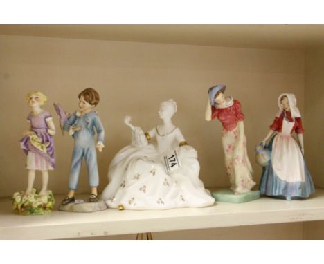Two Royal Worcester Figurines to include; The First Cuckoo, The Parakeet, plus three Royal Doulton examples to include; Antoi