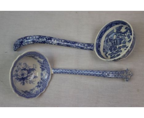 19th Century willow pattern Staffordshire ladle and one other similar blue and white ladle