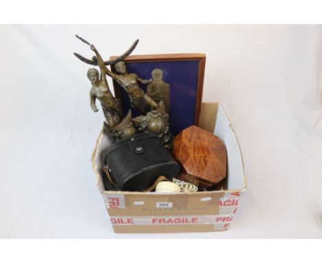 Box of sundries to include binoculars, brass plaque with horseman, two spelter figurines, vintage telephone etc 