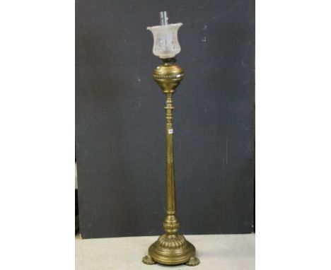 Victorian Heavy Brass Standard Oil Lamp with Opaque Etched Glass Shade, 155cms high