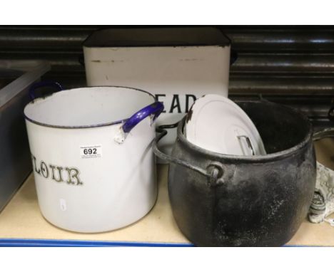 Collection of vintage Enamel ware to include Bread &amp; Flour bins plus a Cast Iron cooking pot