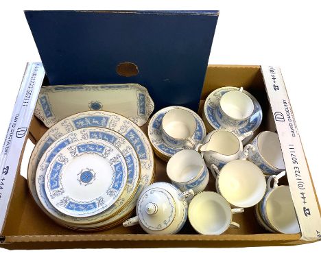 Coalport Revelry pattern tea service, for six place settings, comprising dinner plates, dessert plates, side plates, tea cups