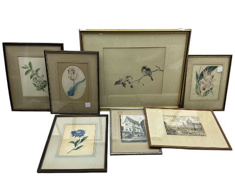 Collection of botanical watercolours, Japanese watercolour on silk, original watercolour of continental building etc