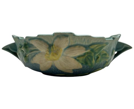 Roseville pottery twin handled bowl, decorated with clematis on a blue ground, marked ‘Roseville USA 457-8’ to the baseDimens