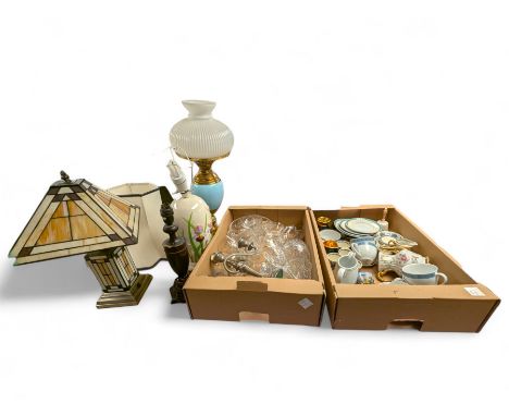 Edinburgh crystal glasses, Wedgwood teawares, other ceramics, Tiffany style lamp and three other lamps, in two boxes