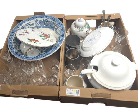 Wedgwood Eturia Willow pattern bowl, Royal Worcester Evesham ceramics, cut glass drinking glasses, pair of Chinese ginger jar
