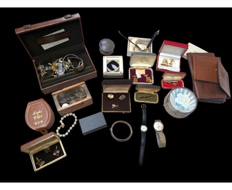 Two 9ct gold cased wristwatches, silver bangle, silver box and a collection of costume jewellery