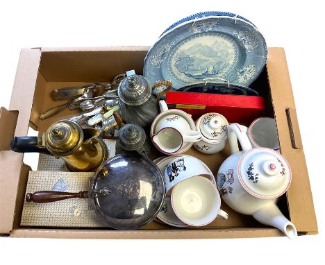Vintage German tea wares, blue and white transfer printed plates, plus various metalware, to include brass hot water pot, two