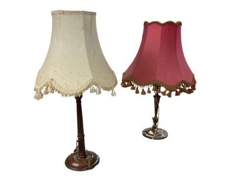Table lamp from converted silver plated candlestick, together with another candle stick