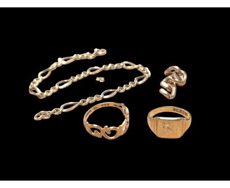 9ct gold jewellery, including signet ring, pierced band ring, bracelet and chain linksCondition Report:Approx 10.45 grams