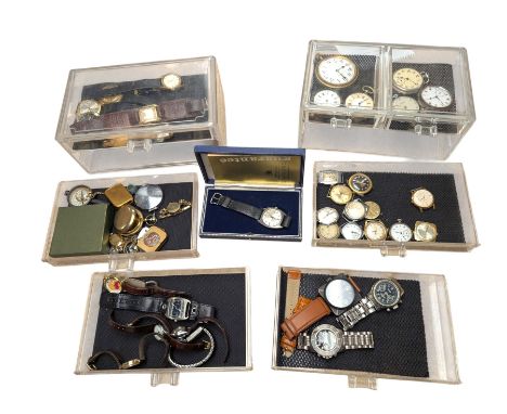 Collection of wristwatches and pocket watches, including Zenta, Rotary and Timex, in plastic drawers