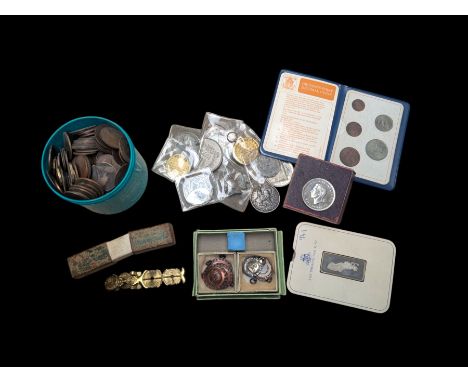 The Birmingham Mint International Formula 3 silver ingot, hallmarked, pair of sovereign scales, two silver fobs and others, e