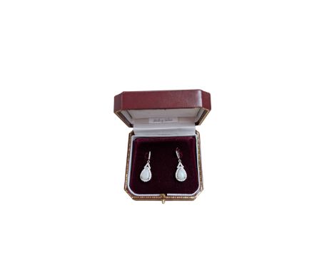 Pair of silver opal and cubic zirconia pendant earrings, boxed 