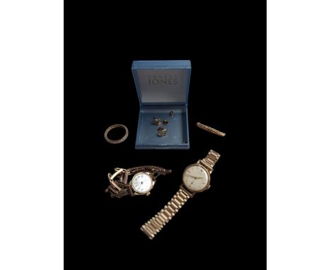 Scherbel manual wind wristwatch with 9ct gold strap, ladies wristwatch on 9ct gold expanding strap, 9ct gold stone set brooch