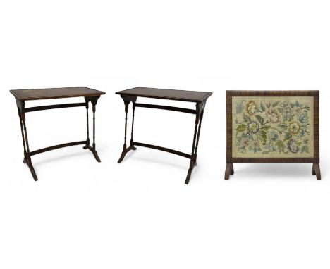 Pair of early 20th century mahogany side tables, each with rectangular tops, raised on turned supports joined by curved stret