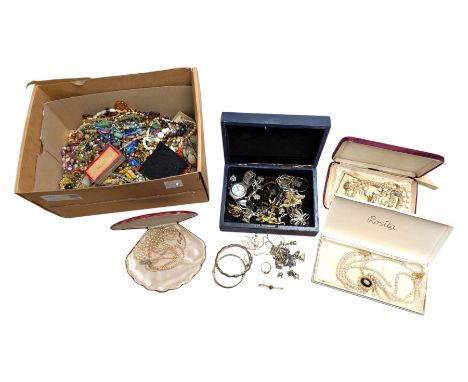 9ct gold stone set brooch, 12ct gold ring, silver brooch, bangles, charms etc and a collection of costume jewelleryCondition 