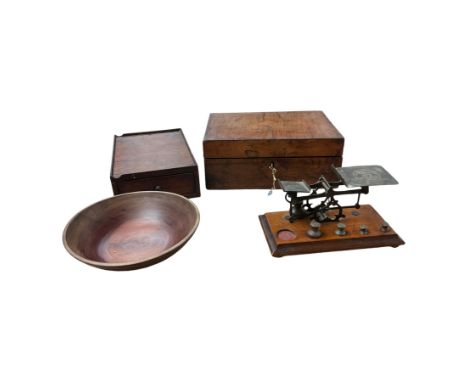 Letter scales, together with wooden bowl, box etc 