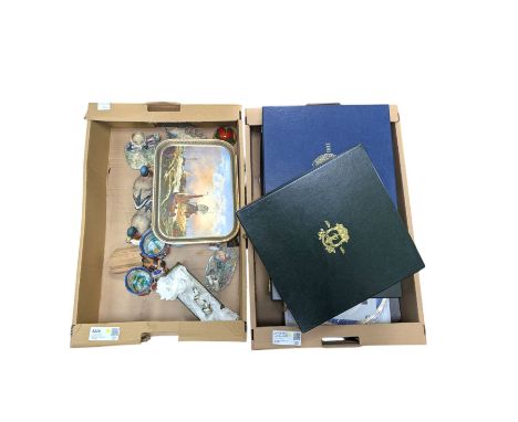 Three studio pottery nursery rhyme figures, boxed Spode collectors plates, glass animal figures, etc in two boxes