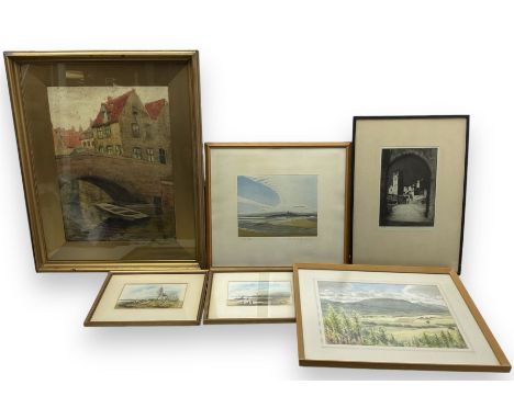 Michael Fairclough (British 1940-): Dunstanburgh Castle, aquatint signed and numbered 292/295 in pencil, together with two wa