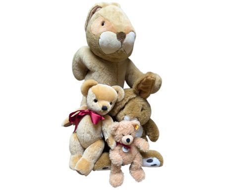 Merrythought jointed classic teddy bear, Steiff bear Fynn, large Flora London Marathon Rabbit soft toy and one other rabbit, 