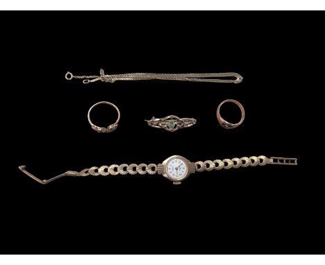 15ct gold ring, 9ct gold ring, 9ct gold wristwatch with gold strap, and a 9ct gold stone set broochCondition Report:15ct appr