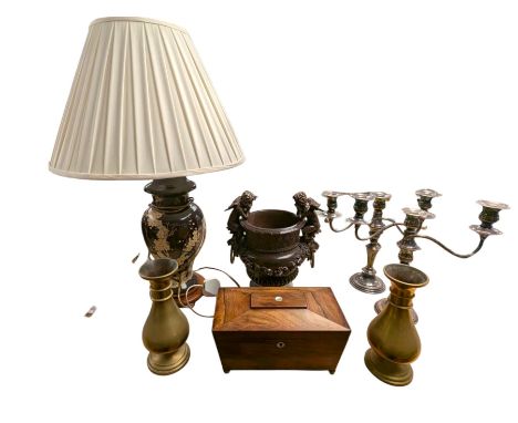 Pair of silver plated candelabra, pair of brass vases, mahogany tea caddy with mother of pearl inlay, composite cherub plante