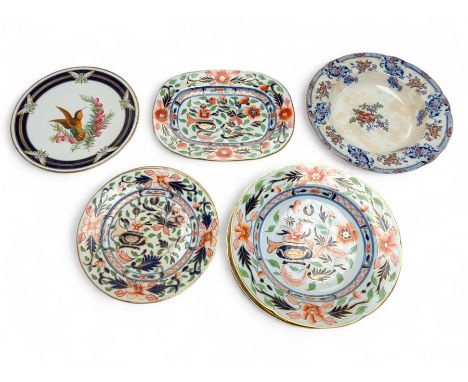 19th century Imari pattern ceramics, including platter, three bowls and two side plates, together with a Brownfield Hummingbi