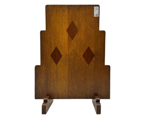Early 20th century circa. 1930s oak fire screen, stepped rectangular form inlaid with lozenges, on sledge supports Dimensions