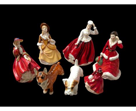 Royal Doulton figures, including Top o' the Hill, Winter's Day, Gail, Sandra, Emma and a Jack Russell, and a Goebel Corgi fig
