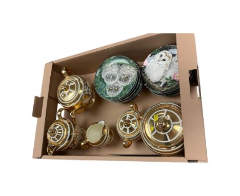 set of 12 boxed Wedgwood ceramic collectors plates from 'The Baby Owls' series by Dick Twinney, together with Sadler tea set