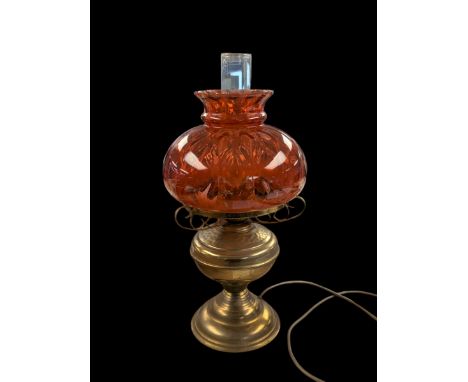 Brass oil lamp, converted to electric, with orange glass shade, H50cm