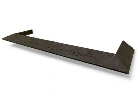 Arts and Crafts hammered pewter fire fender, the front panel featuring  decorative scroll and linear motifsDimensions: Length