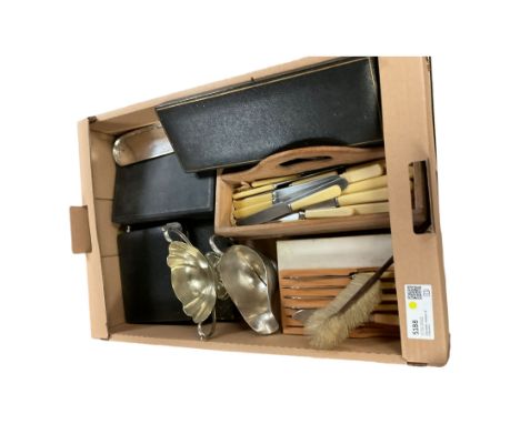 Collection of silver plate, including flatware, sauce boat, cased fish serving knife and fork  etc 