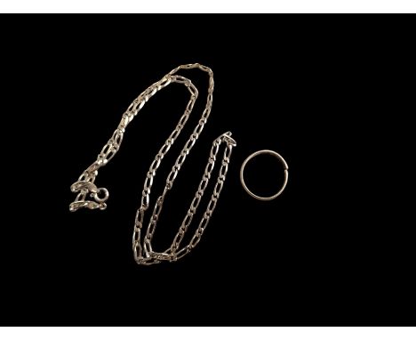 18ct gold band with white gold band decoration, hallmarked, together with a 9ct gold chainCondition Report:18ct ring (cut) ap