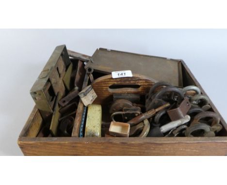 A Wooden Knife Box Containing Vintage Padlocks, Keys etc