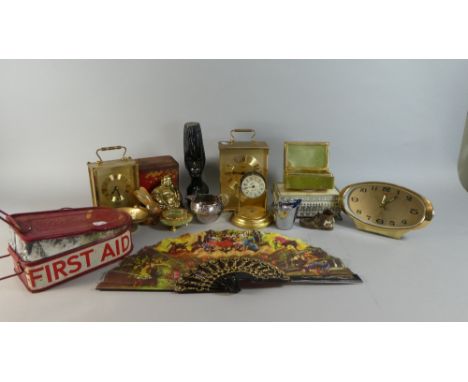 A Tray Containing Vintage Tins, Vintage Clocks, Table Lighter, Brass Buddha, First Aid Box etc