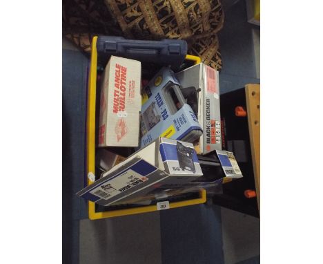 A Box Containing Various Power Tools to Include Screw Driver Kit, Guillotine, Drill Set, Mini Tool Accessories 