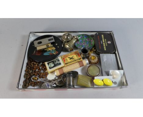 A Collection of Curios to Include Cigar Cutters, Cruet Set, Crucifix, Vintage Tins 