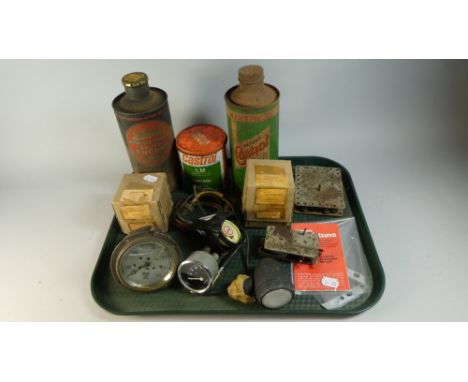 A Collection of Vintage Motoring Dials, Oil Cans, Lights, Clockwork Motors etc