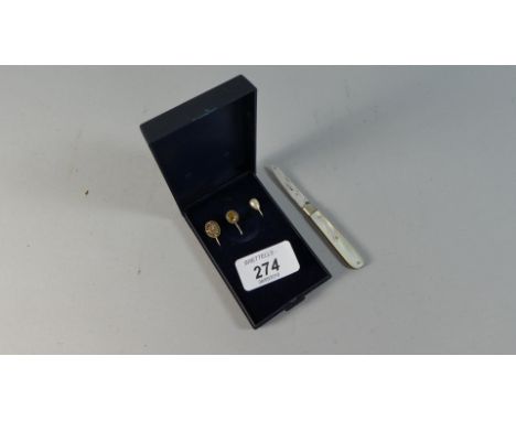 A Collection of Three Gold and Other Stick Pins with Silver Fruit Knife