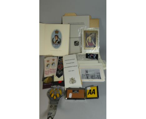 A Tray Containing Silks, Vintage AA Badges, Folding Binoculars, Map Etc